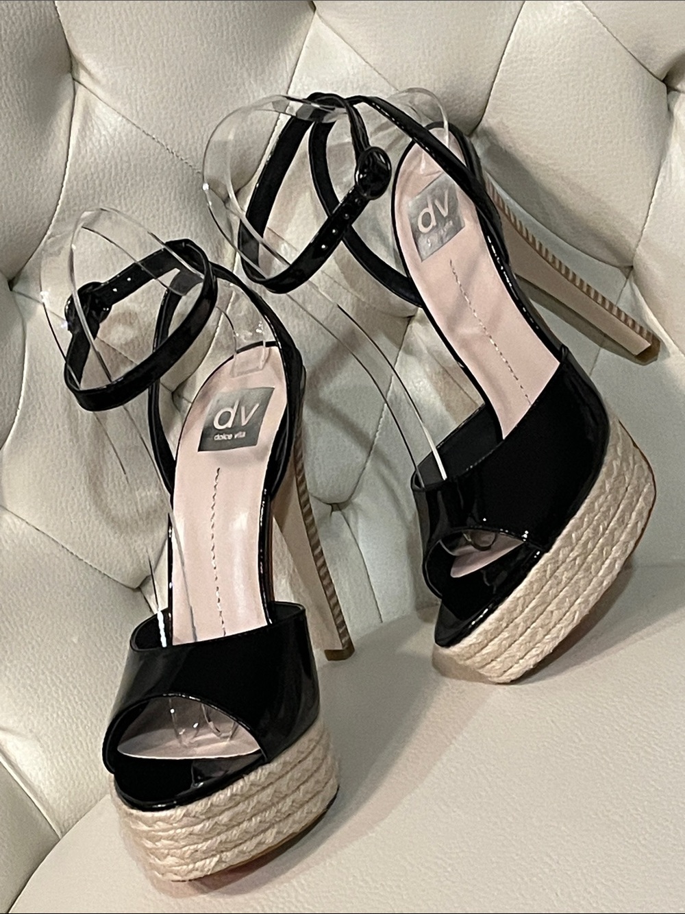 DV by Dolce Vita Black Patent Platform Espadrille Sandals Ankle Strap Beautiful